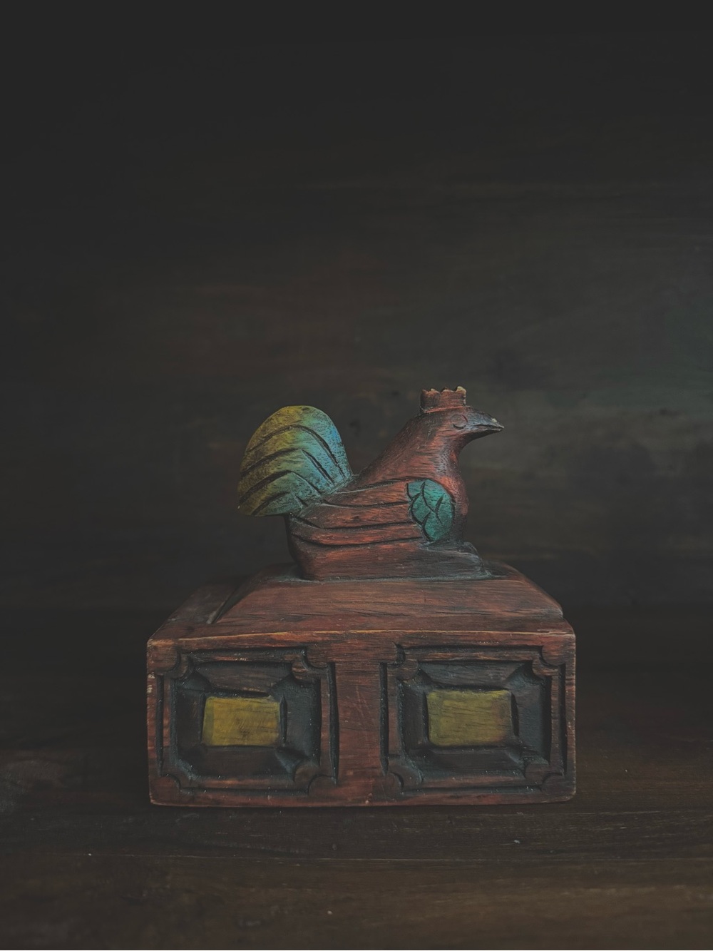 Vintage Hand-Carved Wooden Rooster Trinket Box Folk Art Storage